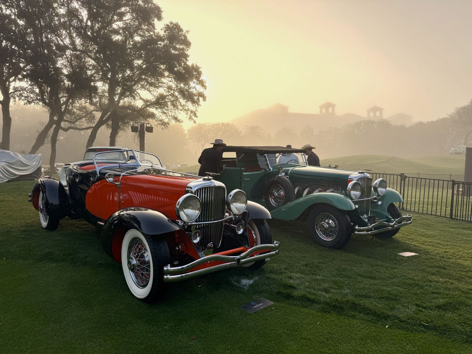 A row of concours Duesenberg roadsters on the misty morning lawn at Pebble Beach